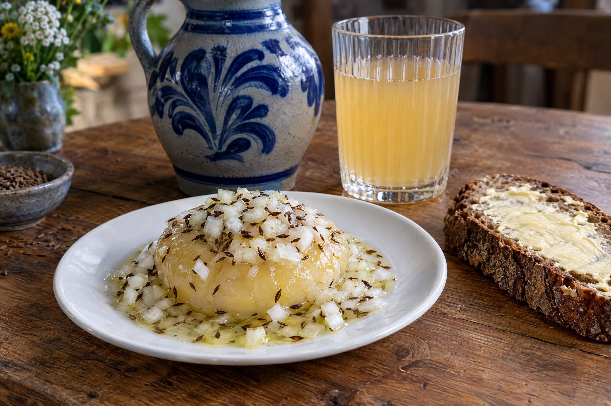 Handkäse mit Musik mit Zwiebeln, Kümmel und Bauernbrot, dazu Apfelwein (Symbolbild)