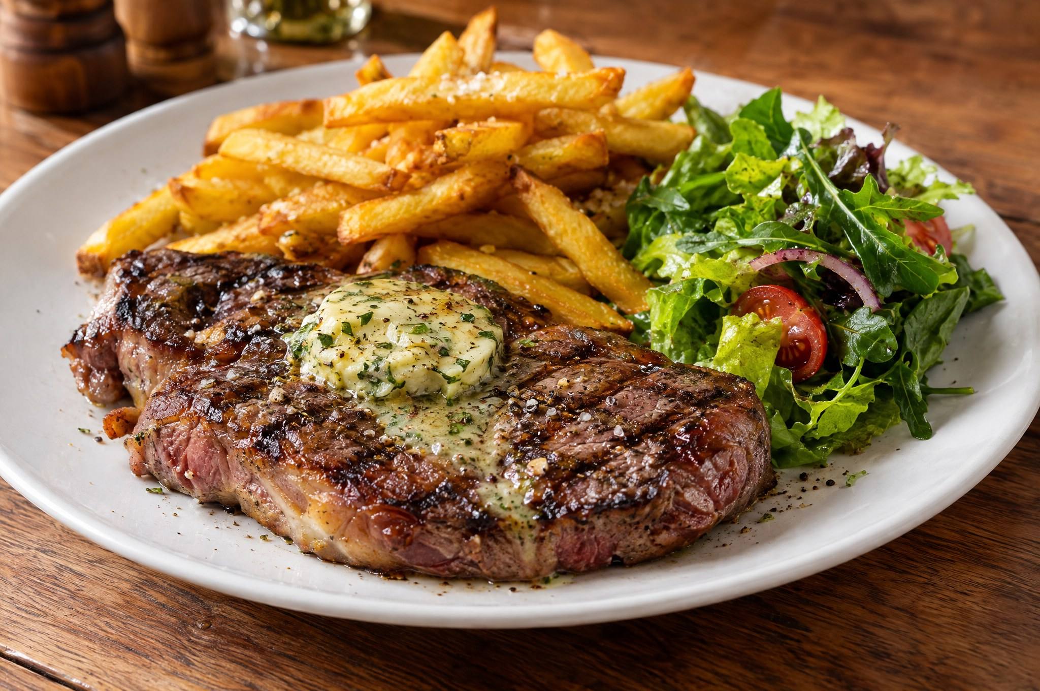 Rumpsteak mit Kräuterbutter, Pommes frites und Salat (Symbolbild)