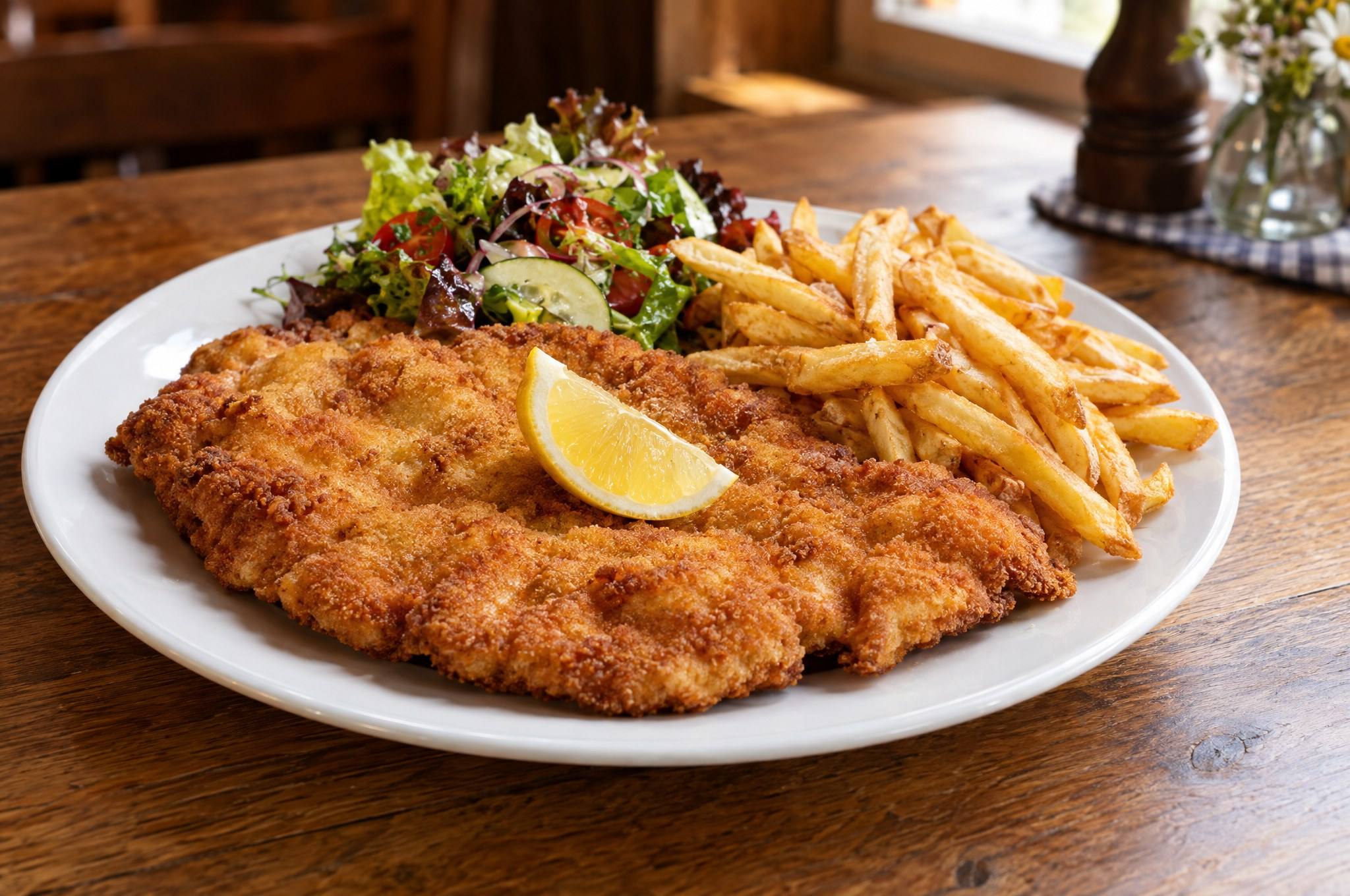Schnitzel Wiener Art mit Zitrone, Pommes frites und Salat (Symbolbild)